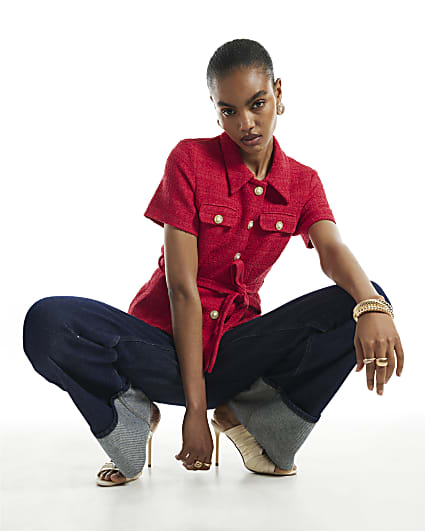 Red Collared Boucle Belted Top
