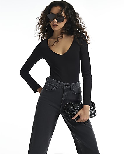 Black Long Sleeve V Neck Bodysuit