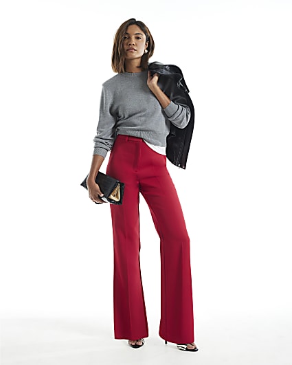 Red Side Split Soft Flare Trousers