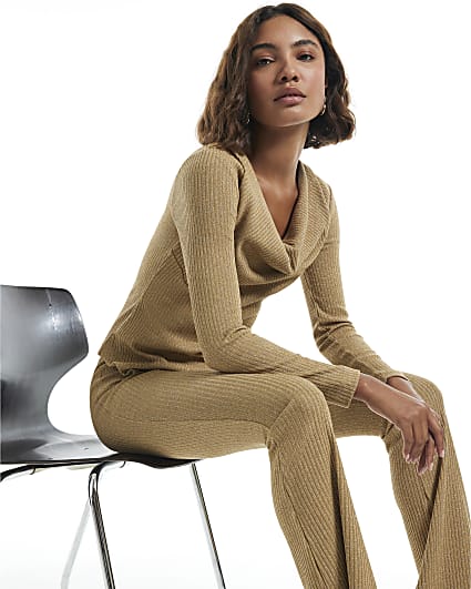 Gold Cowl Neck Glitter Aysmmetric Top
