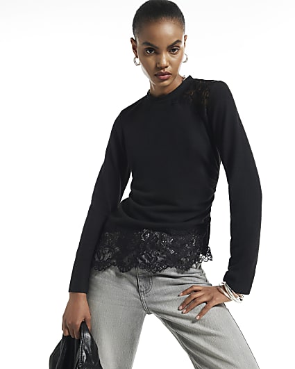 Black Cosy Lace Hem Asymmetric Top