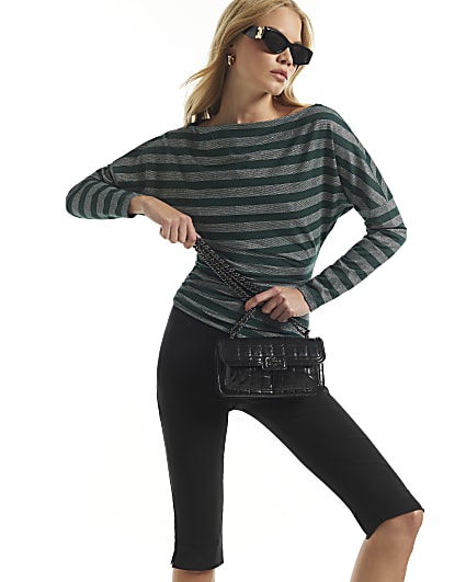 Green Metallic Stripe Asymmetric Drape Top