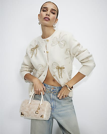 Cream Glitter 3D Bow Cardigan