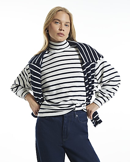 White Stripe Cosy Twist Front Long Sleeve Top
