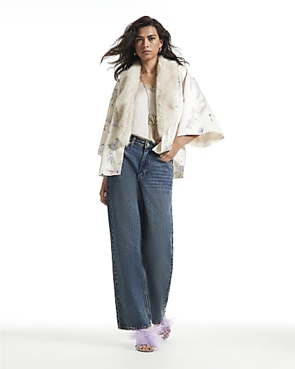 Cream Satin Floral Faux Fur Trim Kimono
