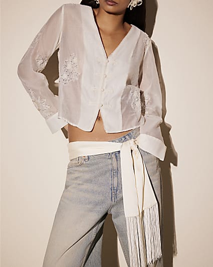 Cream Chiffon Embellished Frogger Top