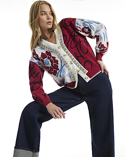 Red Knit Floral Christmas Ho Ho Ho Cardigan