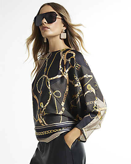 Black Satin Chain Print Batwing Top