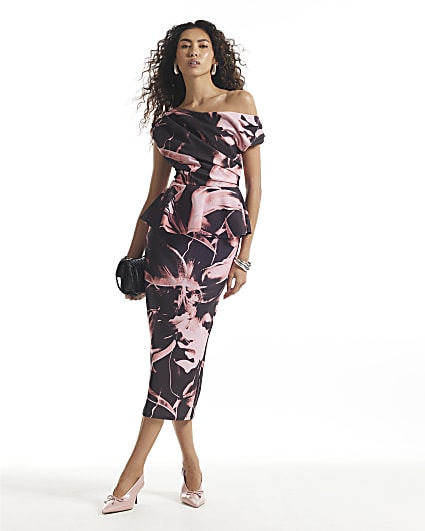 Pink Abstract Print Peplum Midi Bardot Dress