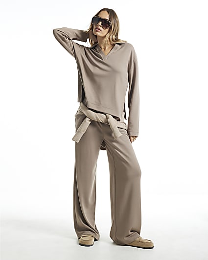 Beige Premium High Waisted Wide Leg Joggers
