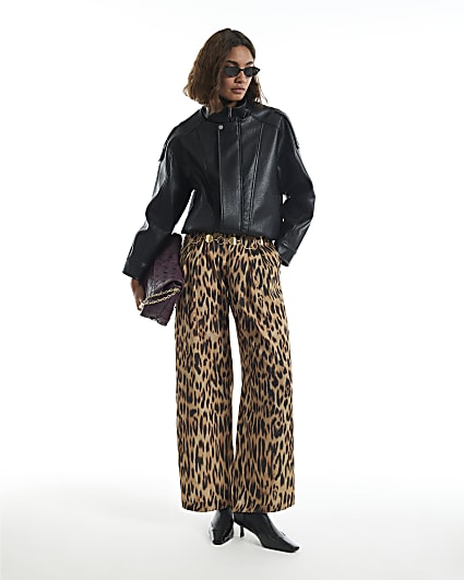 Brown Satin Leopard Print Wide Leg Trousers