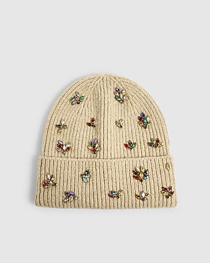 Beige Knit Embellished Beanie