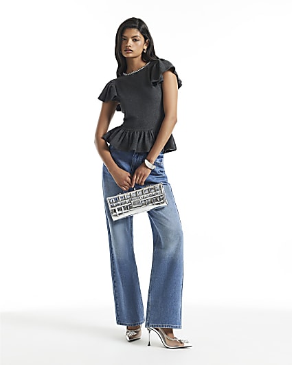 Grey Diamante Short Sleeve Peplum Cosy Top
