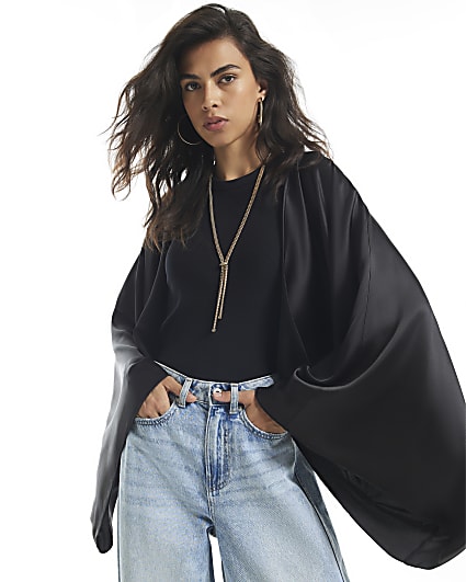 Black Satin Drape Kimono Cape
