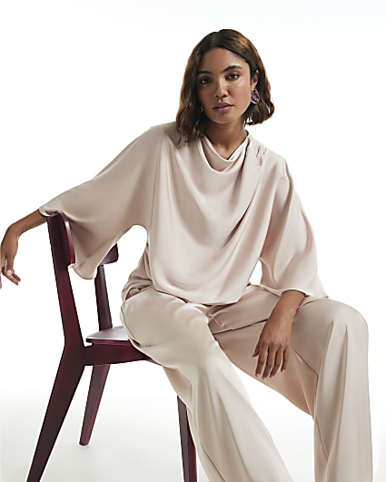 Cream Satin Asymmetric Draped Top