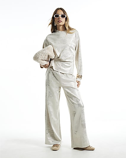 Cream Metallic High Waisted Wide Leg Joggers
