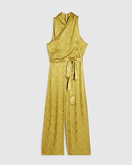 Petite Gold Jacquard Wrap Jumpsuit