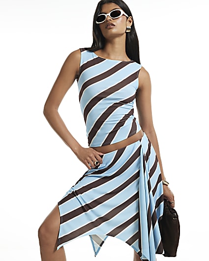 Blue Sleeveless Boat Neck Stripe Top