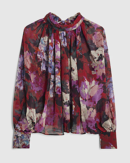Petite Red Floral Funnel Neck Top