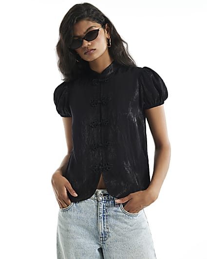 Black Jacquard Puff Sleeve Frogging Blouse