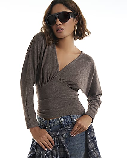 Brown Cosy Long Sleeve Batwing Top