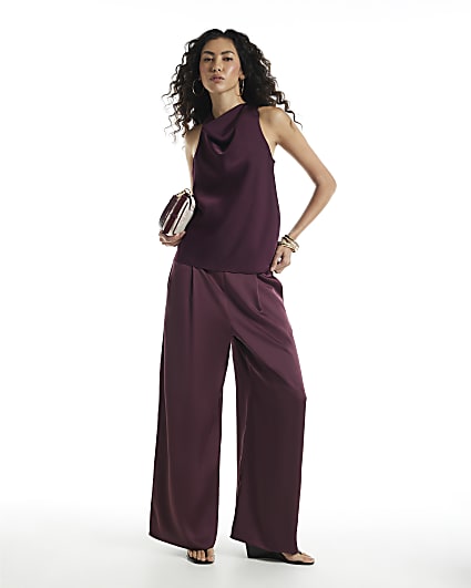 Burgundy Satin Wide Leg Trousers