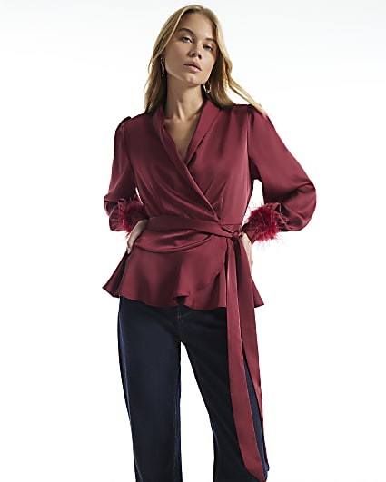 Burgundy Wrap Feather Long Sleeve Blouse