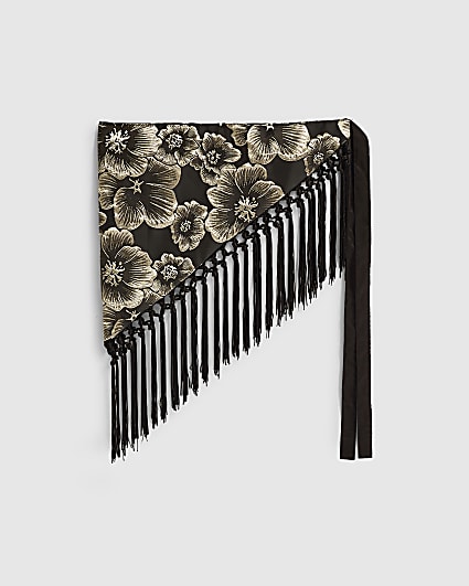 Black Floral Jacquard Gold Fringe Hip Scarf