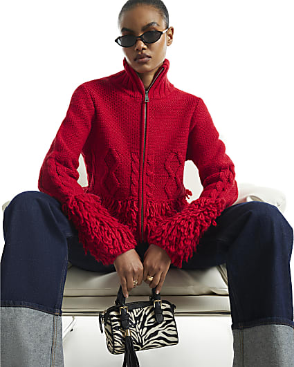 Red Zip Fringe Cable Knit Cardigan