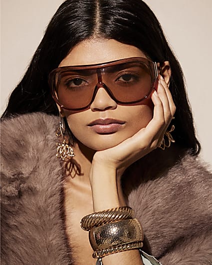 Brown Oversized Visor Crystal Sunglasses