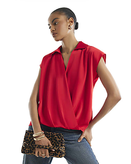 Red Short Sleeve Satin Wrap Top