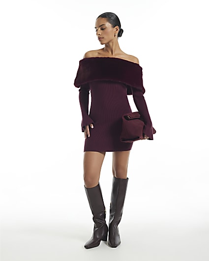 Petite Burgundy Knit Bardot Fur Trim Dress