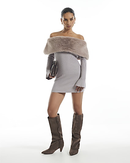 Petite Beige Knit Bardot Fur Trim Mini Dress