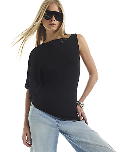 Black Waist Detail Asymmetric Hem Top