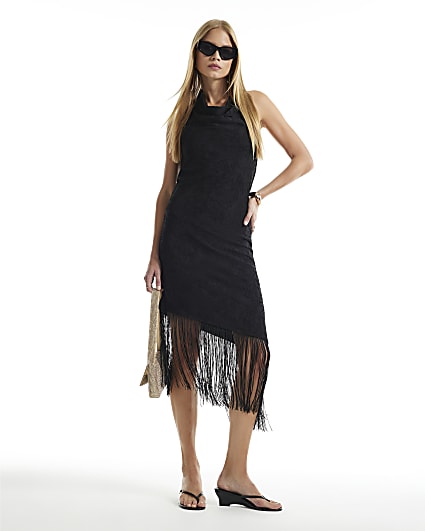 Black Devore Fringe Trim Midi Dress