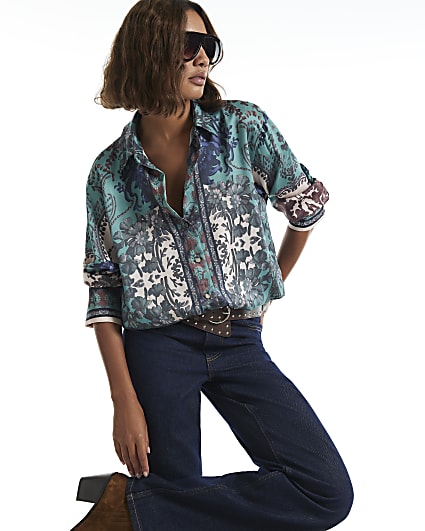 Blue Satin Paisley Long Sleeve Oversize Shirt