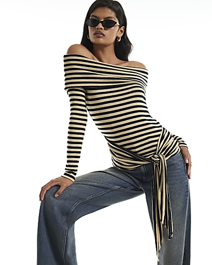 Beige Stripe Tie Side Bardot Top