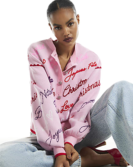 Pink Christmas Script Cardigan