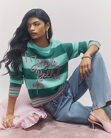 Green Stripe Glitter Jingle Bells Jumper