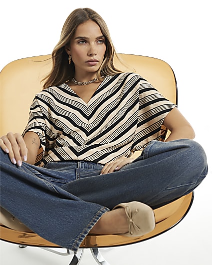 Beige Stripe V Neck Batwing Top