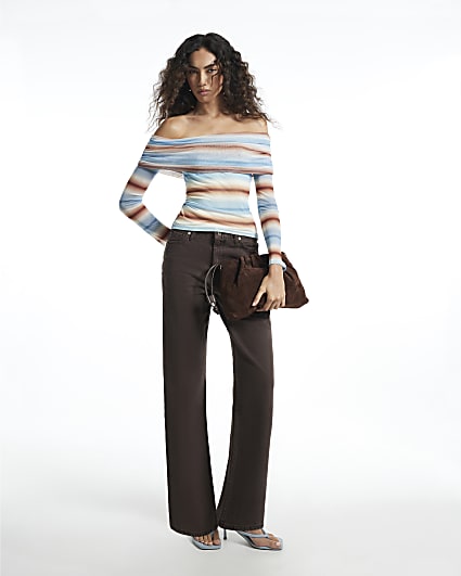 Blue Long Sleeve Mesh Stripe Bandeau Top