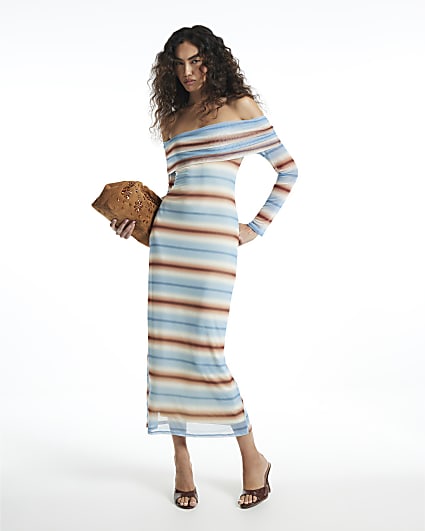 Blue Bandeau Stripe Mesh Maxi Dress