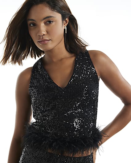 Black Sequin Feather Trim Sleeveless Top