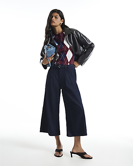 Blue Mid Rise Wide Leg Belted Crop Jeans