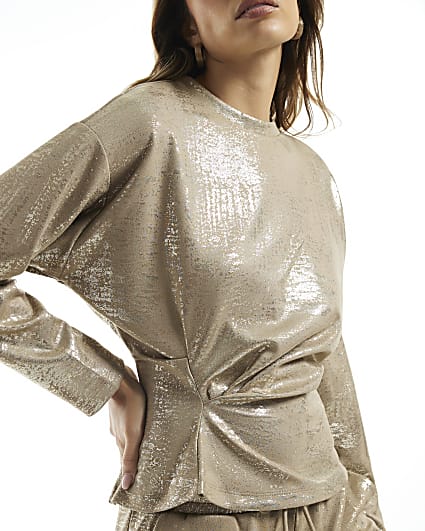 Beige Premium Metallic Tuck Side Top
