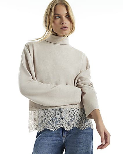 Beige Cosy Roll Neck Lace Trim Jumper