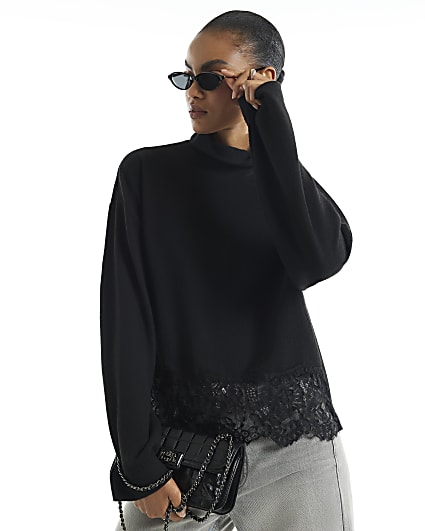 Black Cosy Roll Neck Lace Trim Jumper
