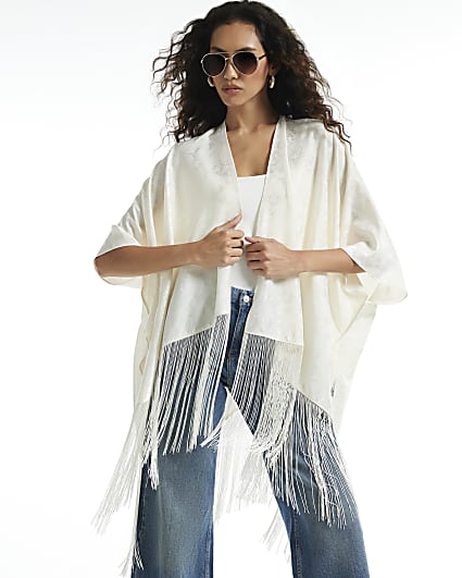 Black Jacquard Tassel Trim Kimono