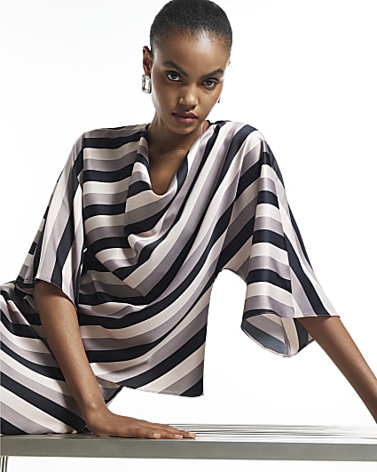 Grey Stripe Satin Cowl Neck Top