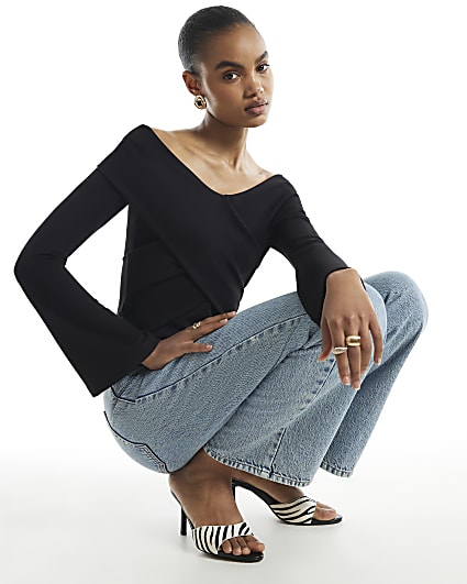 Black Cross Front Bardot Top